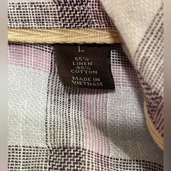 🔥🌴TASSO ELBA Island linen blend shirt Size L. Grayish background w/ plum/pink - Picture 8 of 8